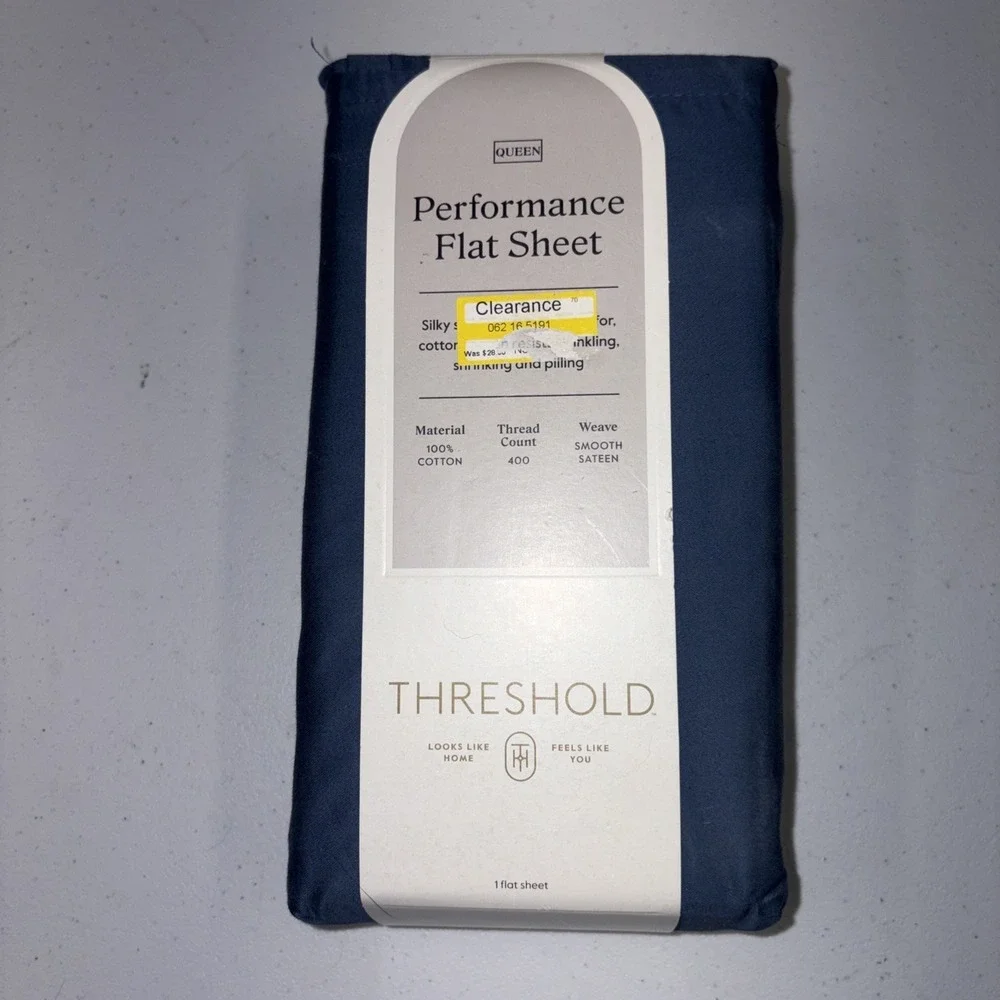 Threshold Performance 100% Cotton Sateen QUEEN Flat Sheet Blue 400 TC Smooth